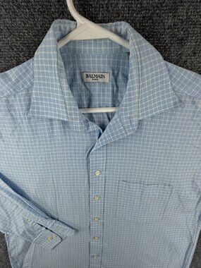 Balmain Men Button Up Long Sleeve Shirt Cotton Blend Size 16 Check Blue Woven